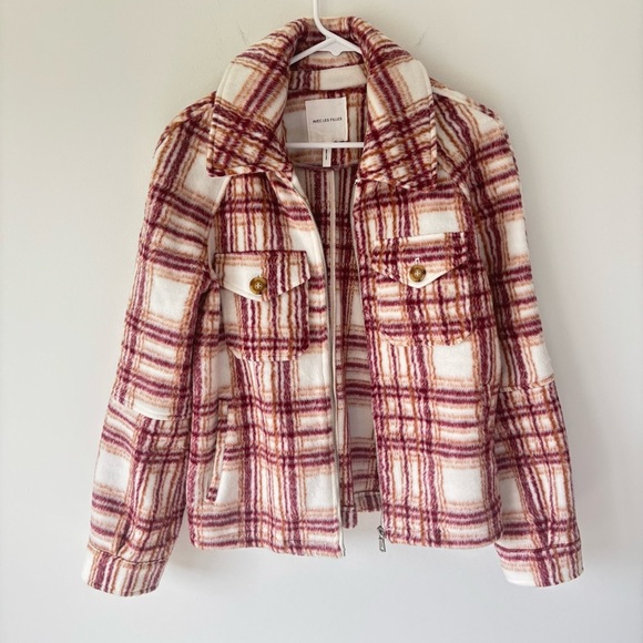Avec Les Filles Plaid Zip Up Jacket Fleece White Pink Orange Shacket Cropped - Picture 1 of 12